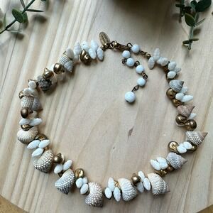 VTG Miriam‎ Haskell 1950s Shell Necklace Gilt Gold Beaded Beachy Boho Signed 16"